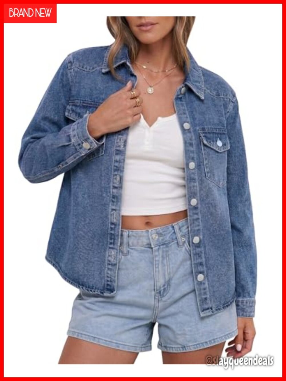 luvamia Women's Denim Jacket Long Sleeve Button Down Distressed Trucker Shacket